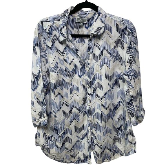 JM Collection Button Up Linen Blouse Blue White Print Pattern Travel Summer M - Picture 1 of 10